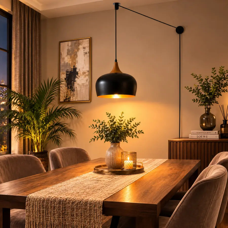 Plug-In Pendant Light  Modern Hanging Light with 16.4ft Cord & OnOff Switch, Black & Wood Grain Finish