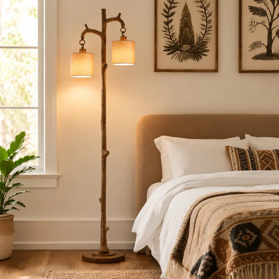 A rustic two-light floor lamp with a branch-like wooden stand and warm beige drum shades stands beside a bed in a softly lit bedroom. The room includes botanical wall art, white bedding, a patterned throw blanket, a plant, and a window.