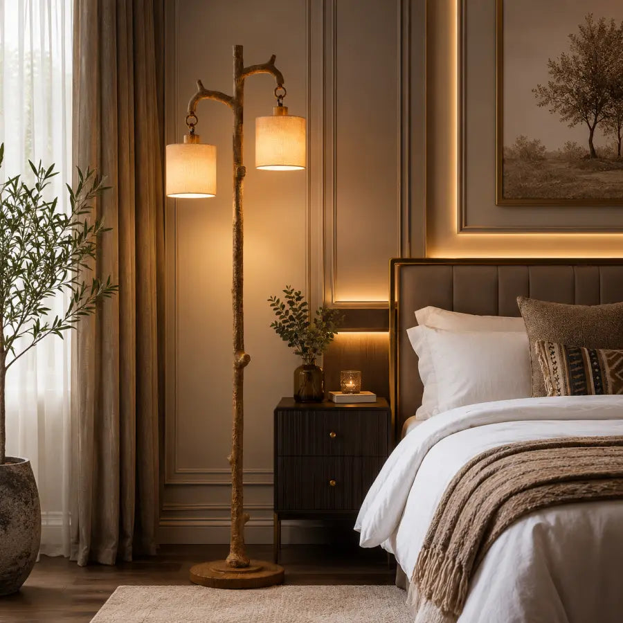 A rustic two-light floor lamp styled like a tree trunk with warm glowing cylindrical shades, positioned in a cozy, modern bedroom next to a bed with white linens and a dark wood nightstand.