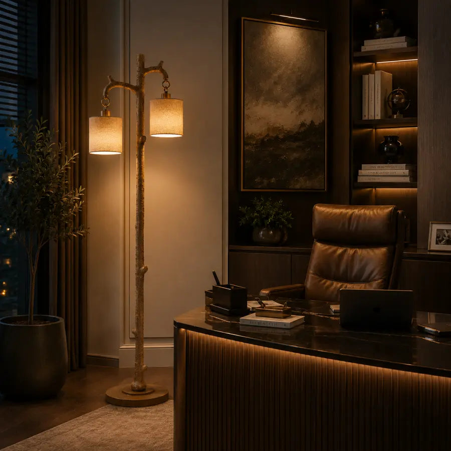 A rustic two-light floor lamp with a natural wood branch base and warm glowing cylindrical shades, placed in a modern home office next to a leather chair and desk.