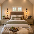 A beautifully styled bedroom featuring a bed with white and olive green bedding, a tufted headboard, matching nightstands, warm glowing bedside lamps, and a tufted bench at the foot of the bed.
