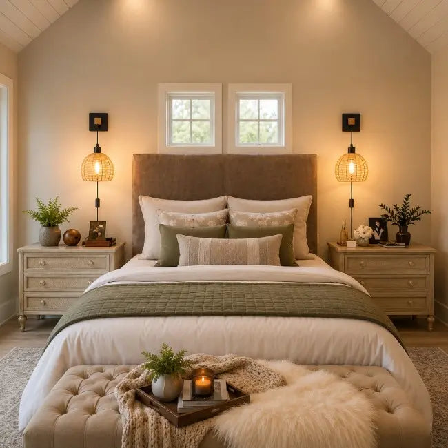 A beautifully styled bedroom featuring a bed with white and olive green bedding, a tufted headboard, matching nightstands, warm glowing bedside lamps, and a tufted bench at the foot of the bed.