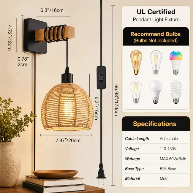 Adjustable pendant light fixture with a woven rattan shade, black metal wall mount, and cord switch, shown with dimension callouts, bulb recommendations, and specifications on a beige background.