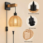 A wall-mounted pendant light with a black metal wall bracket and cord, a woven natural-fiber shade, and inset detail circles showing the lampshade, E26 lamp head, and weave texture.