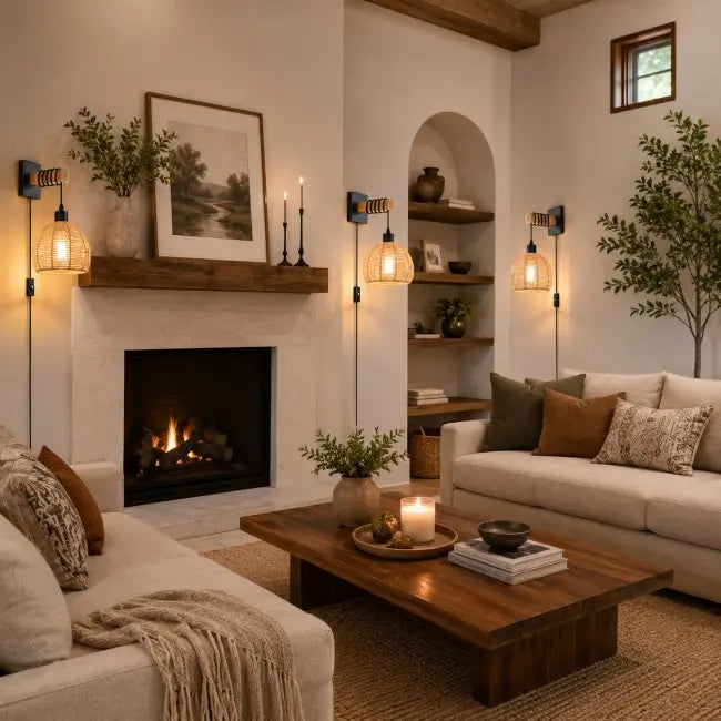 A cozy, warmly lit living room featuring a white stone fireplace with a dark wood mantel, a black fire pit, a wooden coffee table, and two cream-colored sofas with patterned throw pillows.