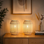 Modern cordless woven table lamp with warm ambient lighting for bedroom and living room décor