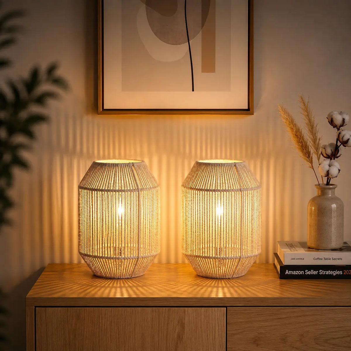 Modern cordless woven table lamp with warm ambient lighting for bedroom and living room décor