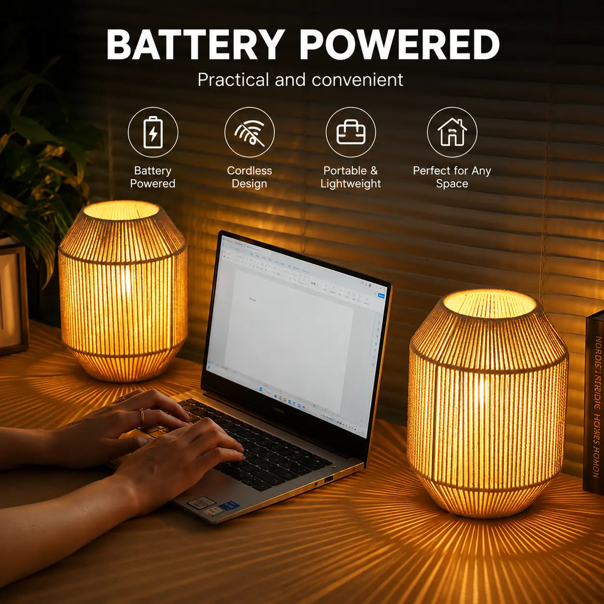 Modern cordless woven table lamp with warm ambient lighting for bedroom and living room décor