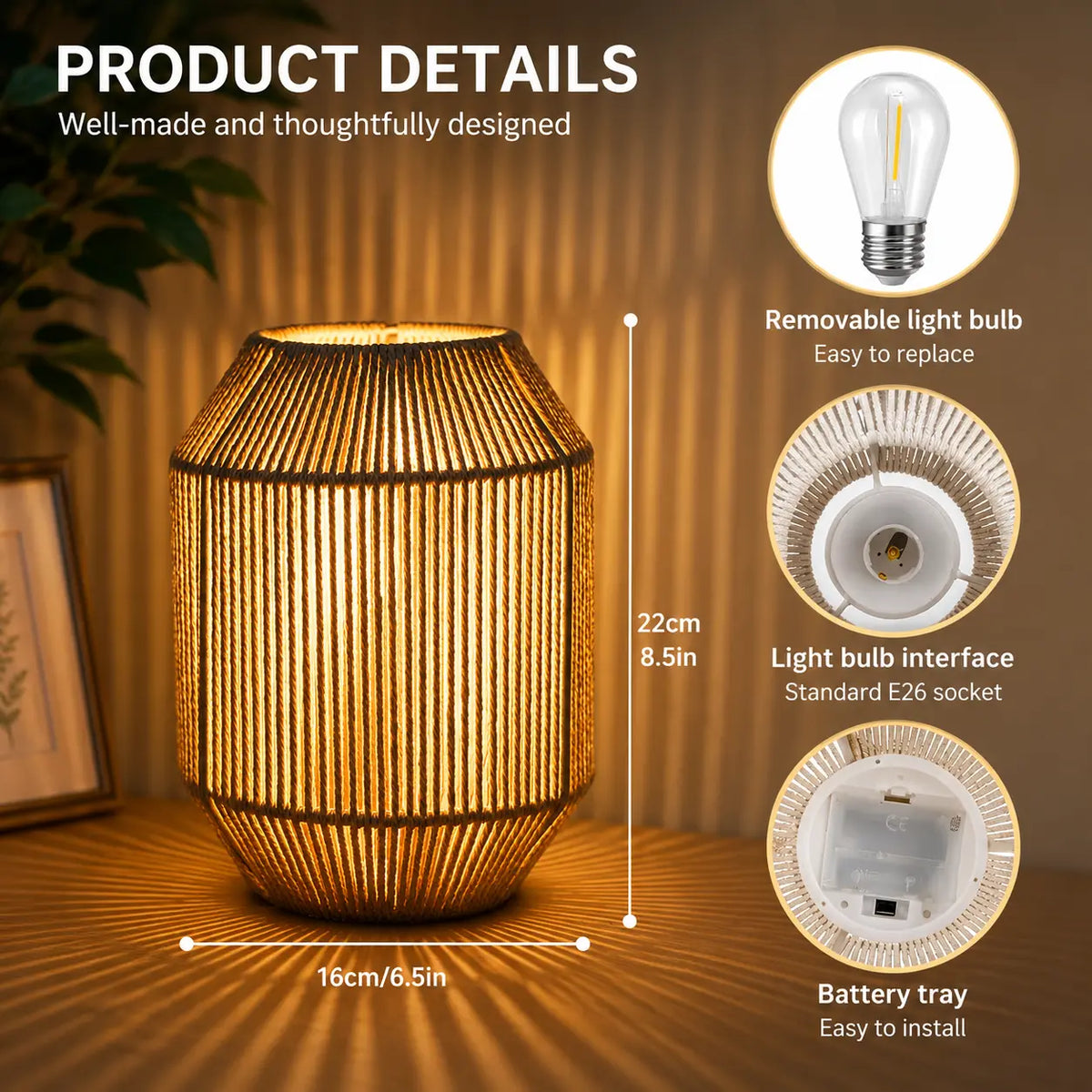 Modern cordless woven table lamp with warm ambient lighting for bedroom and living room décor