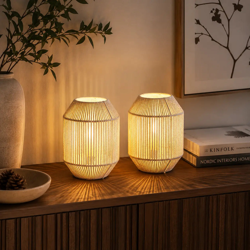 Modern cordless woven table lamp with warm ambient lighting for bedroom and living room décor
