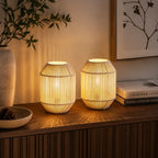 Modern cordless woven table lamp with warm ambient lighting for bedroom and living room décor