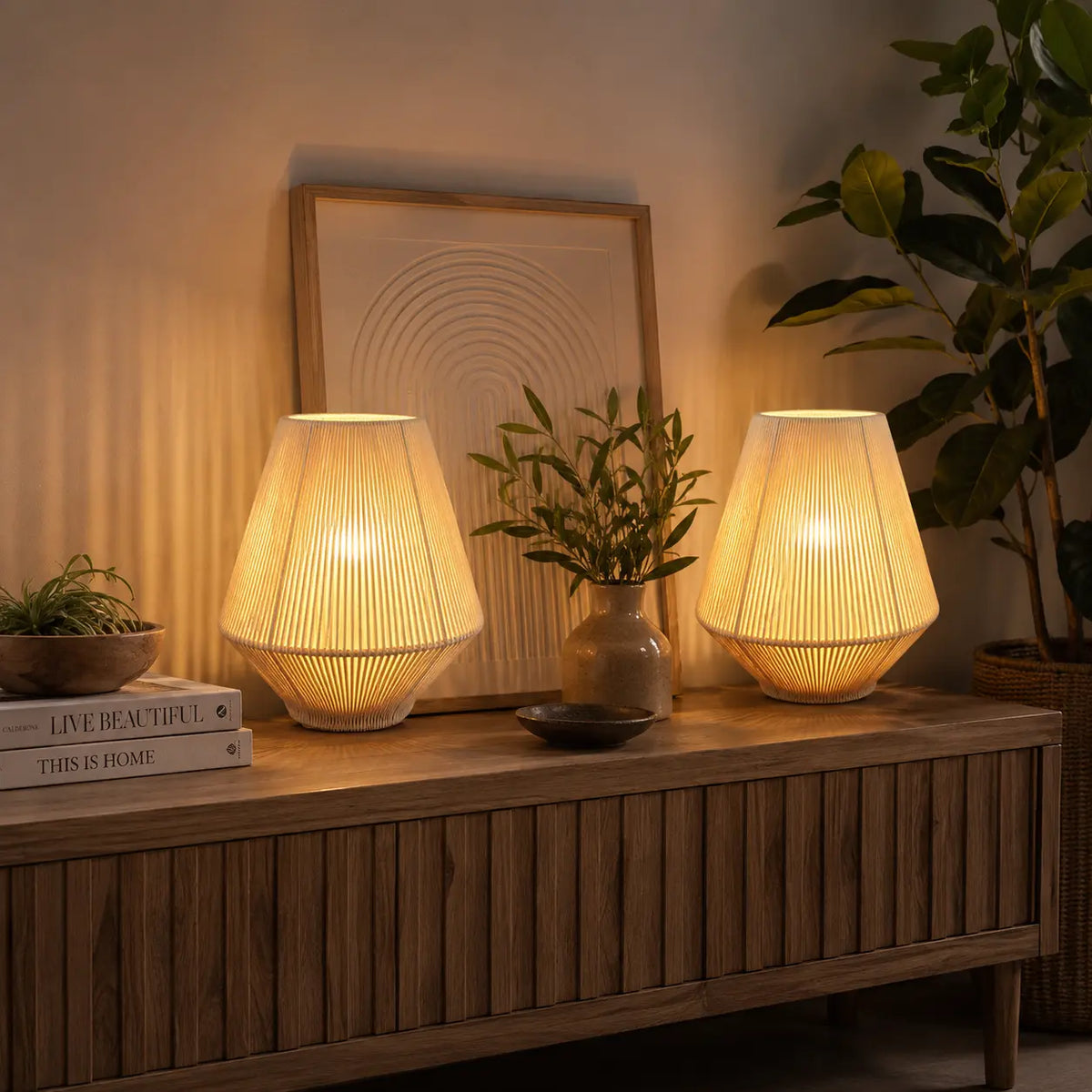 Modern cordless woven table lamp with warm ambient lighting for bedroom and living room décor