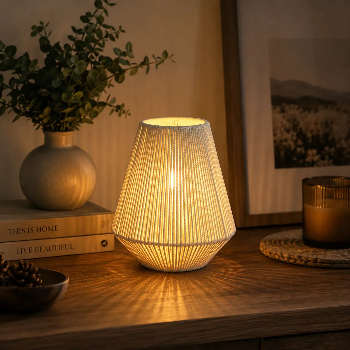 Modern cordless woven table lamp with warm ambient lighting for bedroom and living room décor