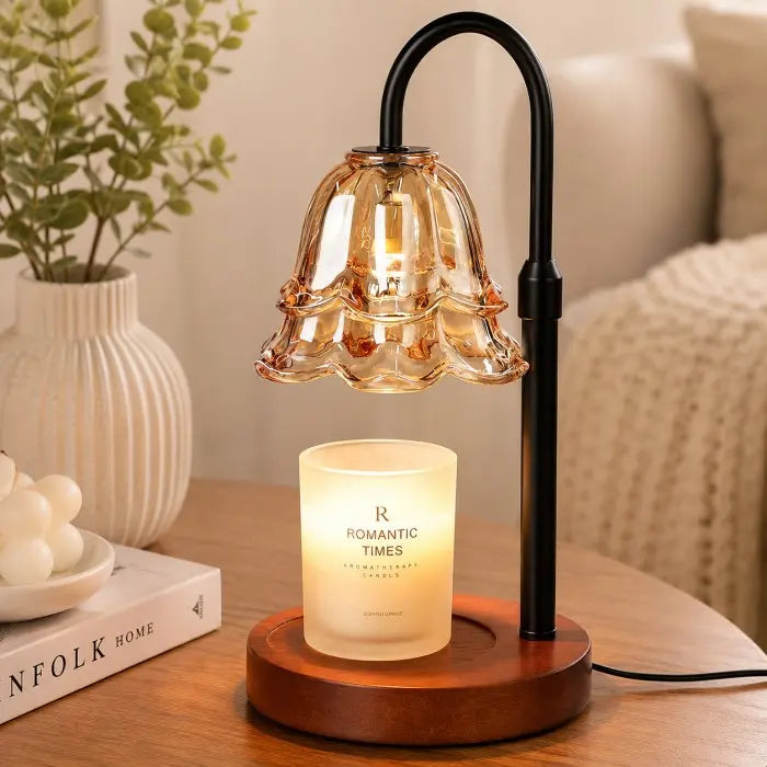 amber glass candle warmer lamp with wooden base, electric wax warmer for scented jar candles, flameless home fragrance and modern home décor