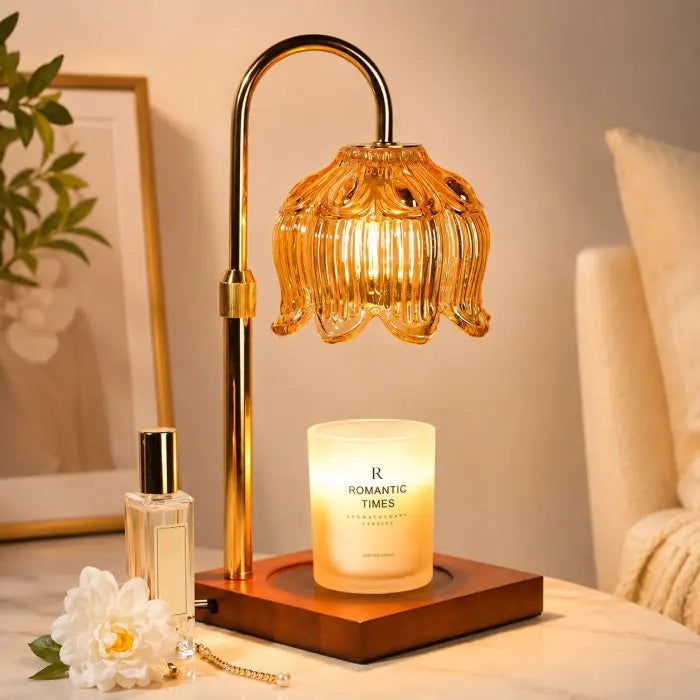 amber glass candle warmer lamp with wooden base, electric wax warmer for scented jar candles, flameless home fragrance and modern home décor