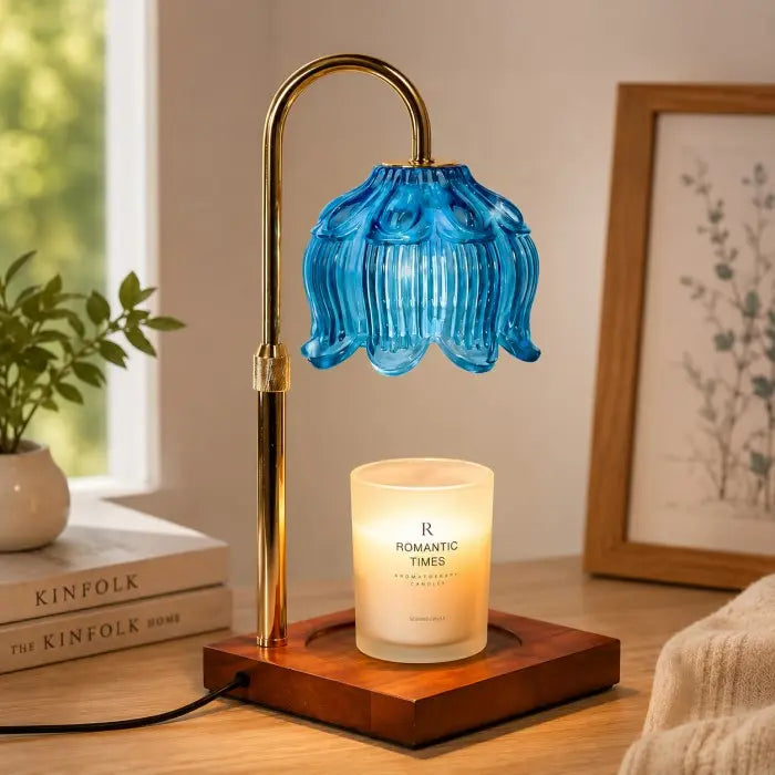 blue glass candle warmer lamp with wooden base, electric wax warmer for scented jar candles, flameless home fragrance and modern home décor