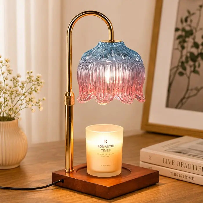 Pink and blue glass candle warmer lamp with wooden base, electric wax warmer for scented jar candles, flameless home fragrance and modern home décor