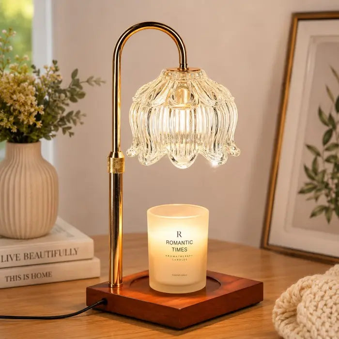 crystal clear glass candle warmer lamp with wooden base, electric wax warmer for scented jar candles, flameless home fragrance and modern home décor
