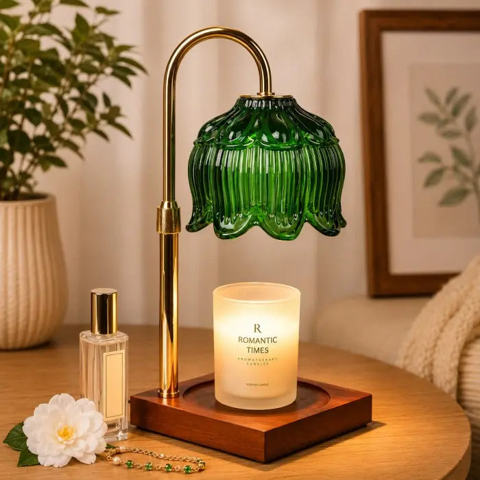 green glass candle warmer lamp with wooden base, electric wax warmer for scented jar candles, flameless home fragrance and modern home décor