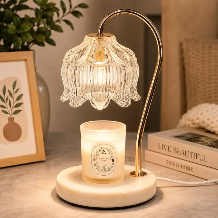 crystal clear glass candle warmer lamp with wooden base, electric wax warmer for scented jar candles, flameless home fragrance and modern home décor