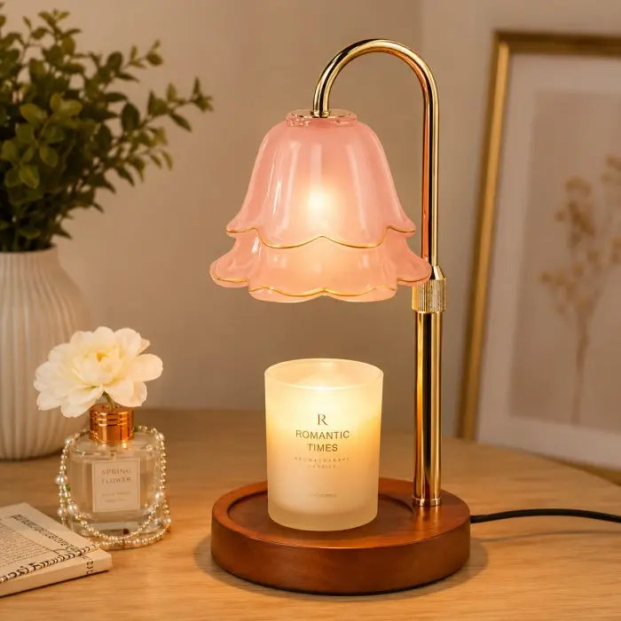 Pink special glass candle warmer lamp with wooden base, electric wax warmer for scented jar candles, flameless home fragrance and modern home décor