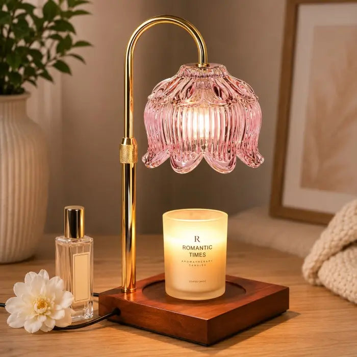 Pink glass candle warmer lamp with wooden base, electric wax warmer for scented jar candles, flameless home fragrance and modern home décor