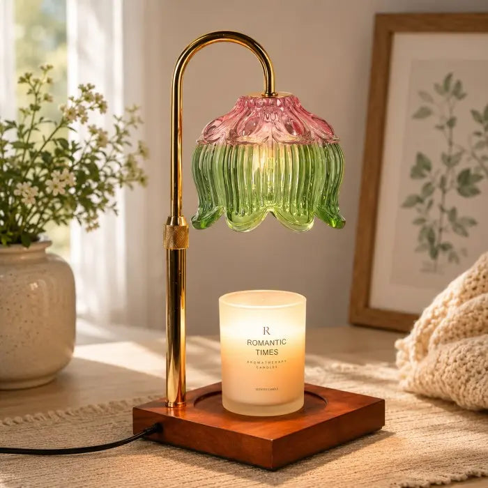 Pink and green glass candle warmer lamp with wooden base, electric wax warmer for scented jar candles, flameless home fragrance and modern home décor