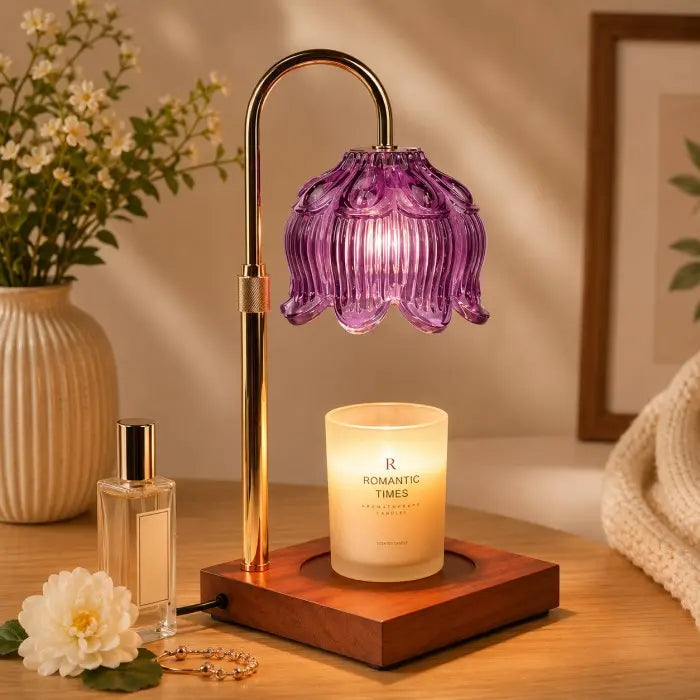 purple glass candle warmer lamp with wooden base, electric wax warmer for scented jar candles, flameless home fragrance and modern home décor