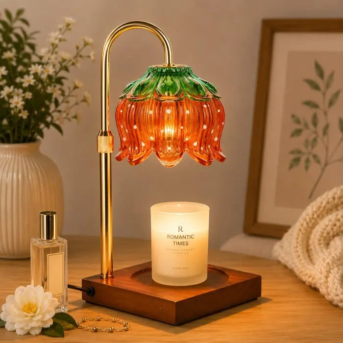 Orange and green glass candle warmer lamp with wooden base, electric wax warmer for scented jar candles, flameless home fragrance and modern home décor