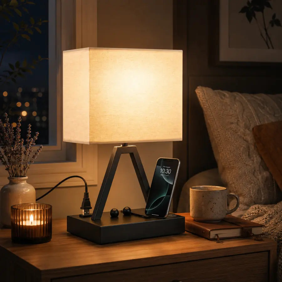 Touch Control Table Lamp with USB-C, USB-A & AC Outlet  3-Way Dimmable Bedside Desk Lamp with Phone Stand, Black, LED Bulb Included