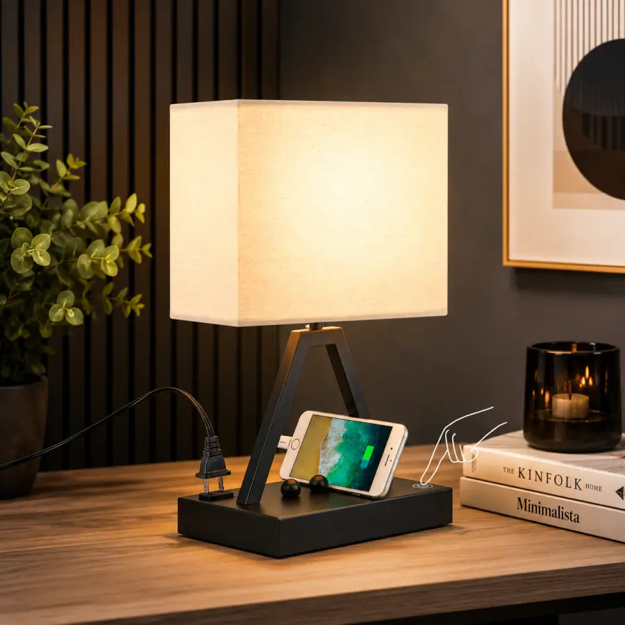 Touch Control Table Lamp with USB-C, USB-A & AC Outlet  3-Way Dimmable Bedside Desk Lamp with Phone Stand, Black, LED Bulb Included