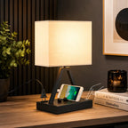 Touch Control Table Lamp with USB-C, USB-A & AC Outlet  3-Way Dimmable Bedside Desk Lamp with Phone Stand, Black, LED Bulb Included