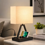 Touch Control Table Lamp with USB-C, USB-A & AC Outlet  3-Way Dimmable Bedside Desk Lamp with Phone Stand, Black, LED Bulb Included
