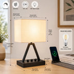 Touch Control Table Lamp with USB-C, USB-A & AC Outlet  3-Way Dimmable Bedside Desk Lamp with Phone Stand, Black, LED Bulb Included