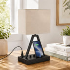 Touch Control Table Lamp with USB-C, USB-A & AC Outlet  3-Way Dimmable Bedside Desk Lamp with Phone Stand, Black, LED Bulb Included