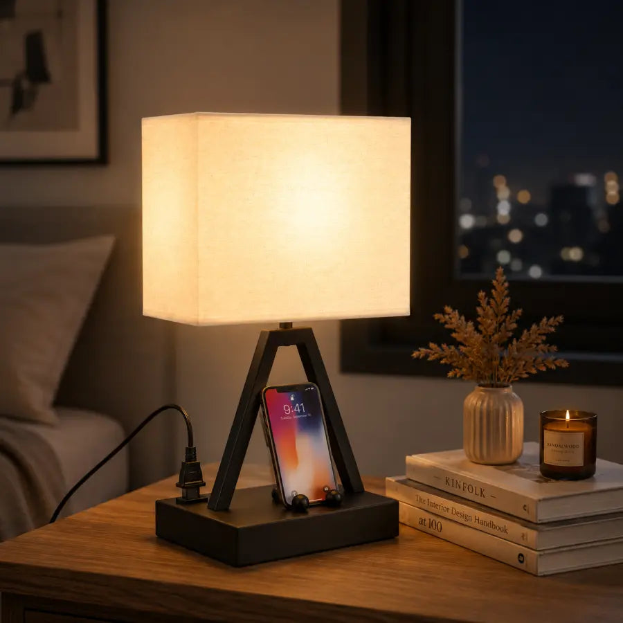 Touch Control Table Lamp with USB-C, USB-A & AC Outlet  3-Way Dimmable Bedside Desk Lamp with Phone Stand, Black, LED Bulb Included