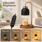 Vintage candle warmer lamp with timer, dimmer, adjustable height, black metal shade, and wooden base for scented jar candles and modern home décor.