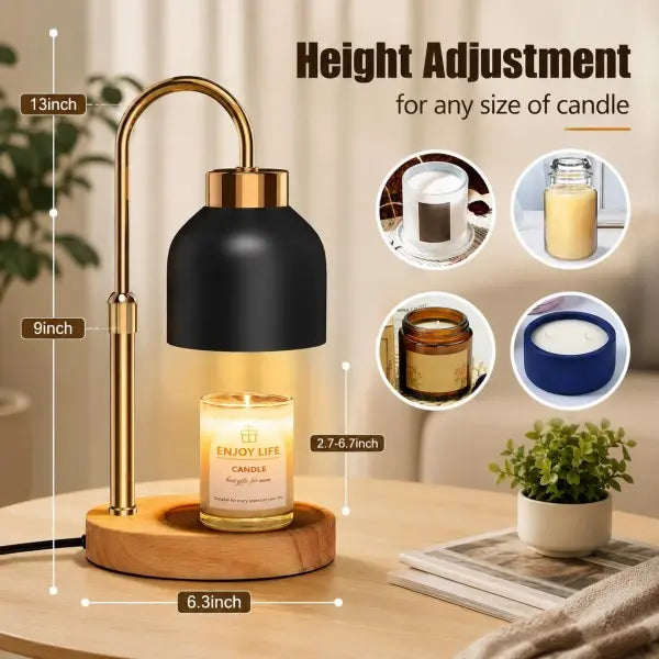Vintage candle warmer lamp with timer, dimmer, adjustable height, black metal shade, and wooden base for scented jar candles and modern home décor.
