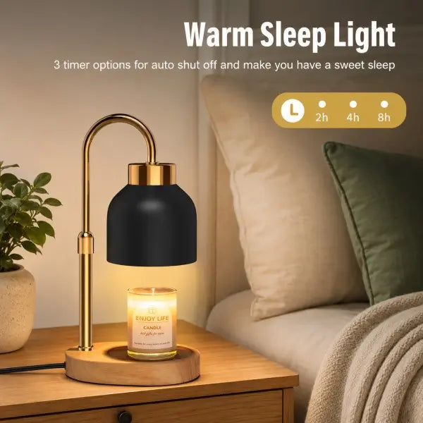 Vintage candle warmer lamp with timer, dimmer, adjustable height, black metal shade, and wooden base for scented jar candles and modern home décor.