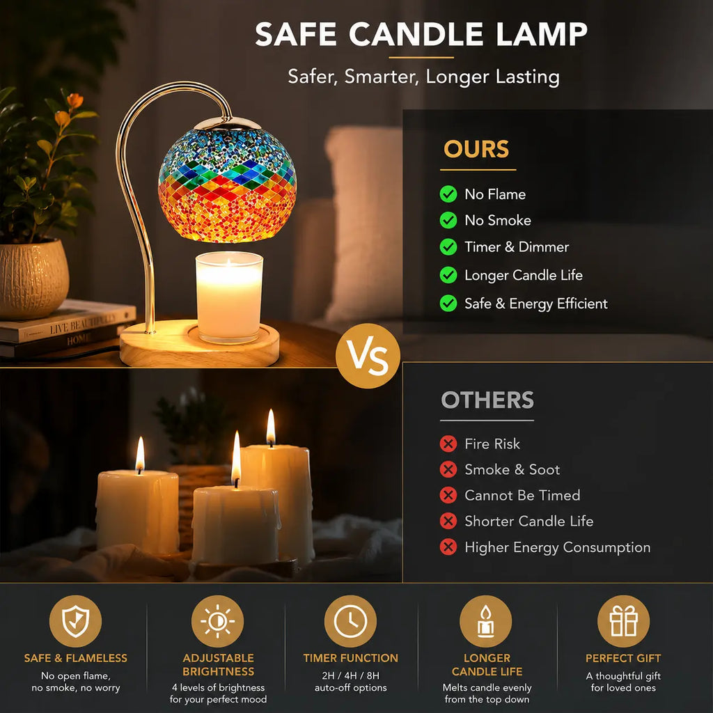 Vintage mosaic glass candle warmer lamp with wooden base, electric wax warmer for scented jar candles, cozy home décor and flameless fragrance