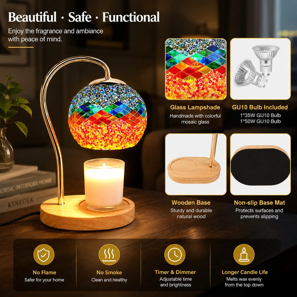 Vintage mosaic glass candle warmer lamp with wooden base, electric wax warmer for scented jar candles, cozy home décor and flameless fragrance