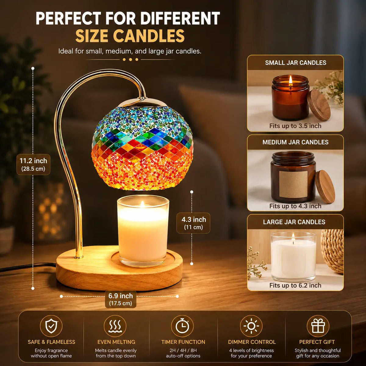 Vintage mosaic glass candle warmer lamp with wooden base, electric wax warmer for scented jar candles, cozy home décor and flameless fragrance