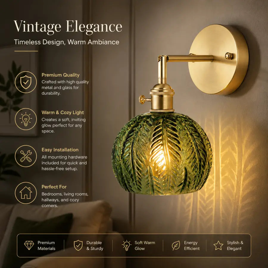 A wall-mounted vintage-style light fixture with a round green textured glass shade and a brass wall mount and arm. The image includes marketing text and icons on the left highlighting premium quality, warm cozy light, easy installation, and suitability for bedrooms, living rooms, and hallways.