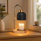 Vintage candle warmer lamp with timer, dimmer, adjustable height, black metal shade, and wooden base for scented jar candles and modern home décor.