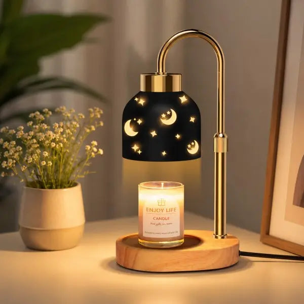 Vintage candle warmer lamp with timer, dimmer, adjustable height, black metal shade, and wooden base for scented jar candles and modern home décor.