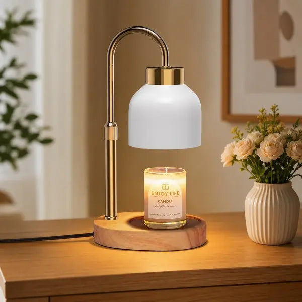Vintage candle warmer lamp with timer, dimmer, adjustable height, gold metal shade, and wooden base for scented jar candles and modern home décor.