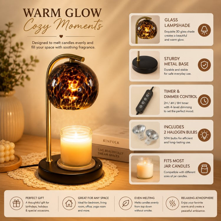 black and gold candle warmer lamp with timer and dimmer, electric wax warmer for scented jar candles, flameless home fragrance and cozy home décor