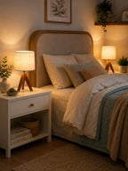 Modern wooden tripod table lamp with linen fabric shade on a bedside table, perfect for bedroom, living room and cozy home lighting