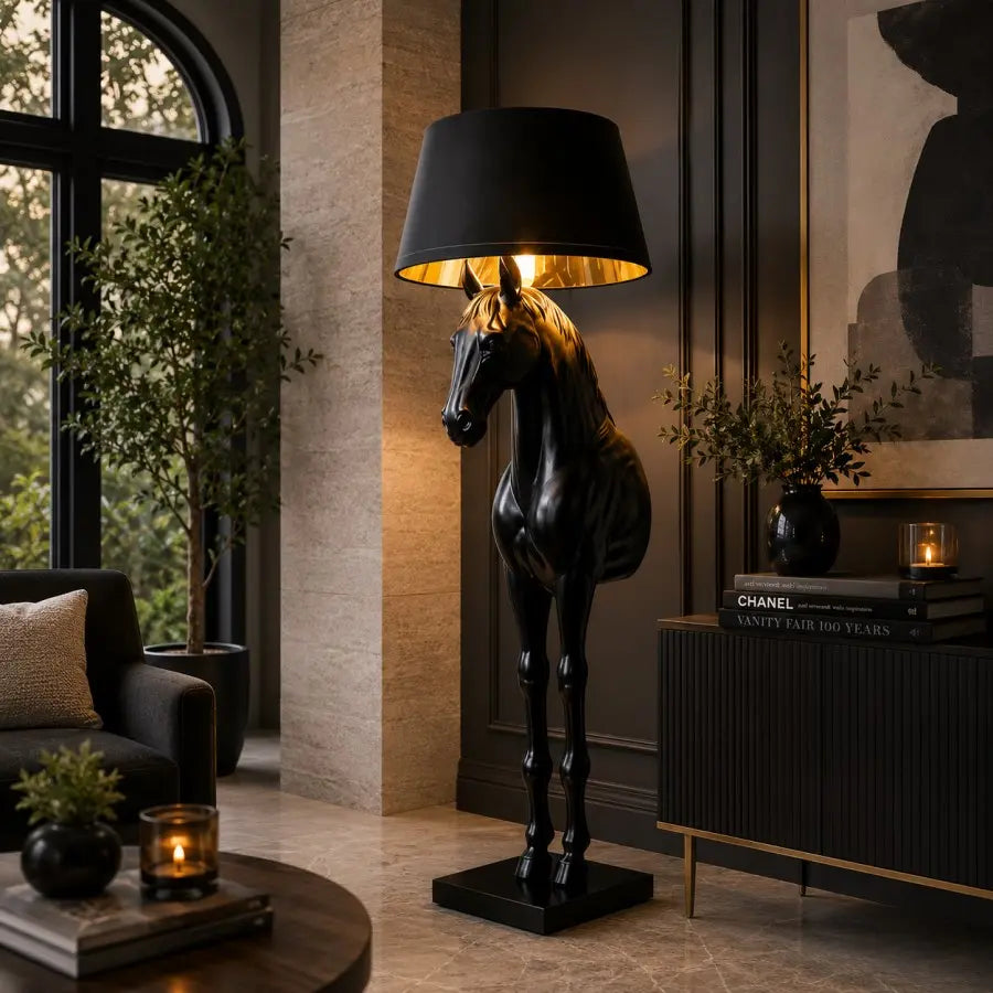 A black horse-shaped floor lamp with a large black drum shade and warm gold-toned interior, placed in a stylishly decorated room with dark wood paneling, a sofa, plants, and a sideboard.