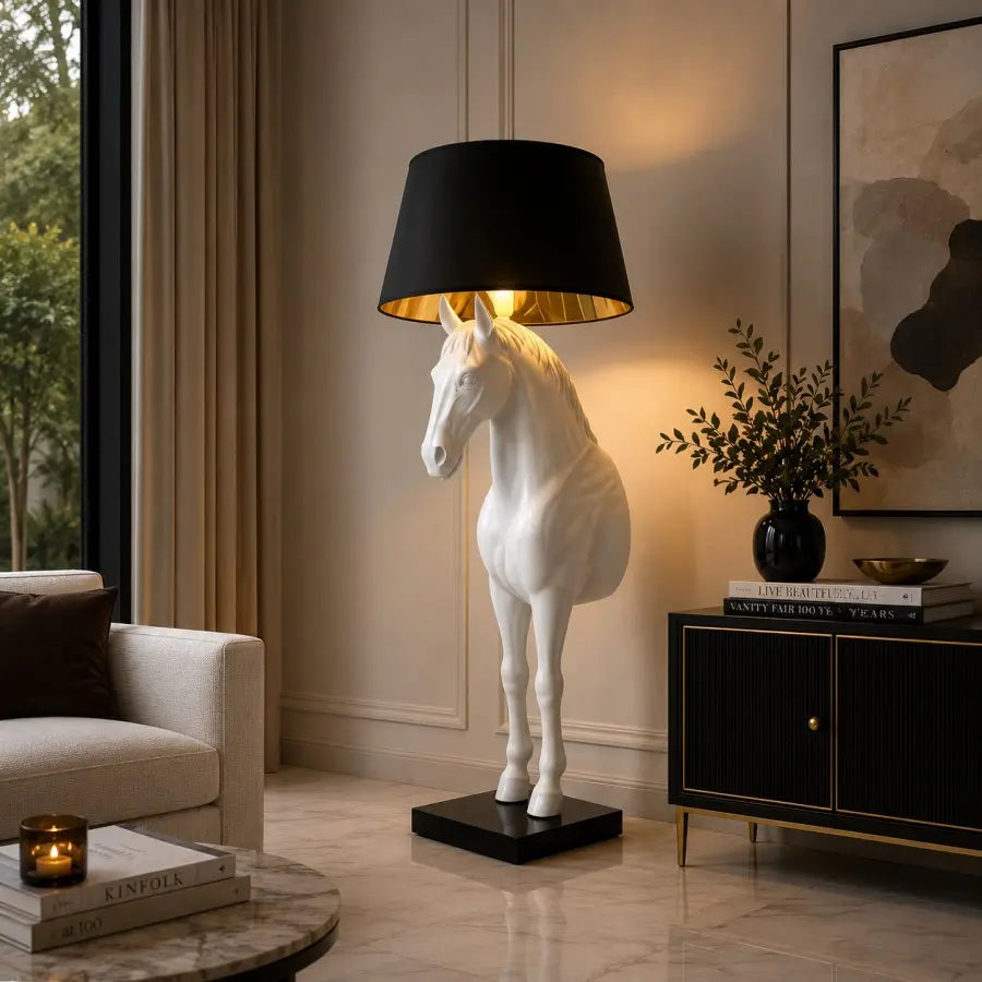 A modern floor lamp shaped like a white horse standing on a black base, with a black lampshade and warm gold interior, placed in a styled living room beside a sofa and sideboard.